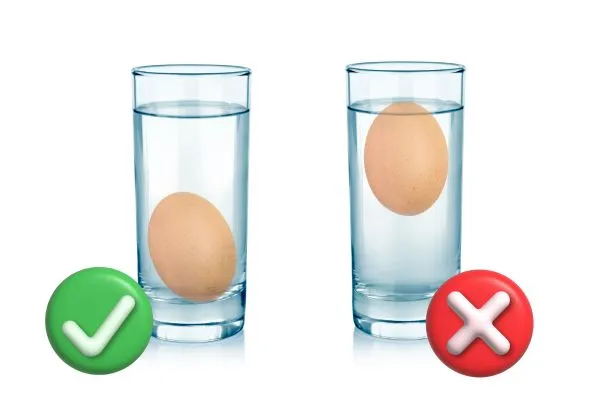 Test de l'oeuf plongé dans un verre d'eau (l'un coule : c'est bon, l'autre flotte : ce n'est pas bon)